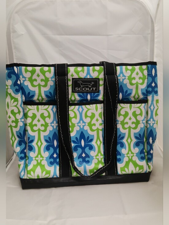 Scout Handbags - Scout Blue, Green & White Patterned Tote with Black Trim